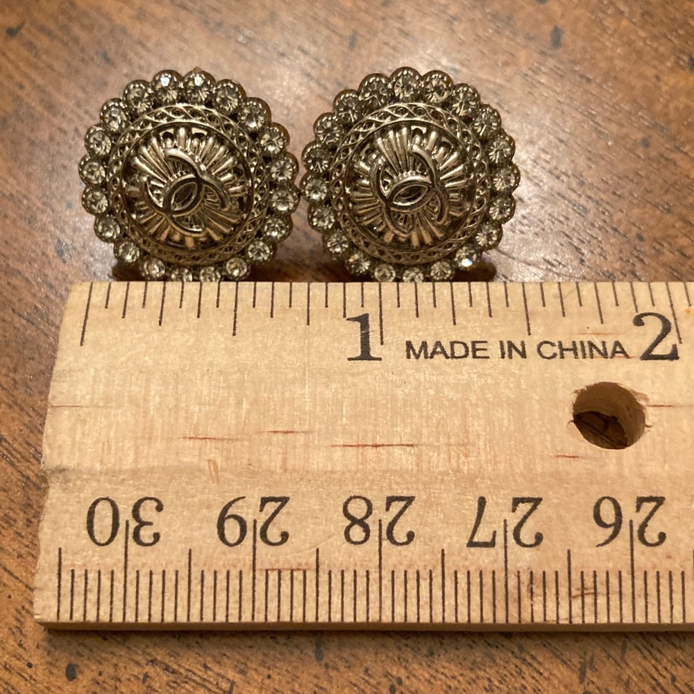 Chanel Earrings,stamped buttons turned into Silver-Tone Earrings, rhinestones - Picture 2 of 9